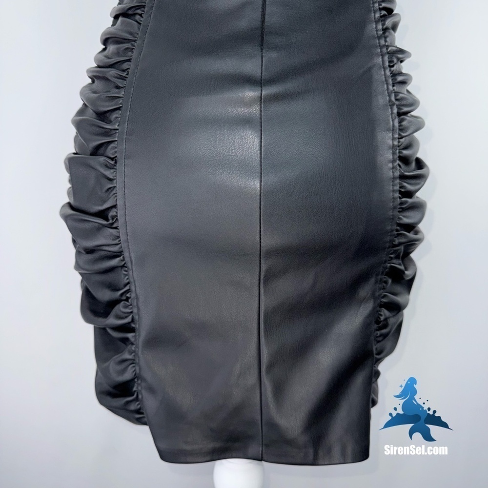 1069 NWOT Zara Black Faux Leather Dress w/Ruching - Picture 12 of 16